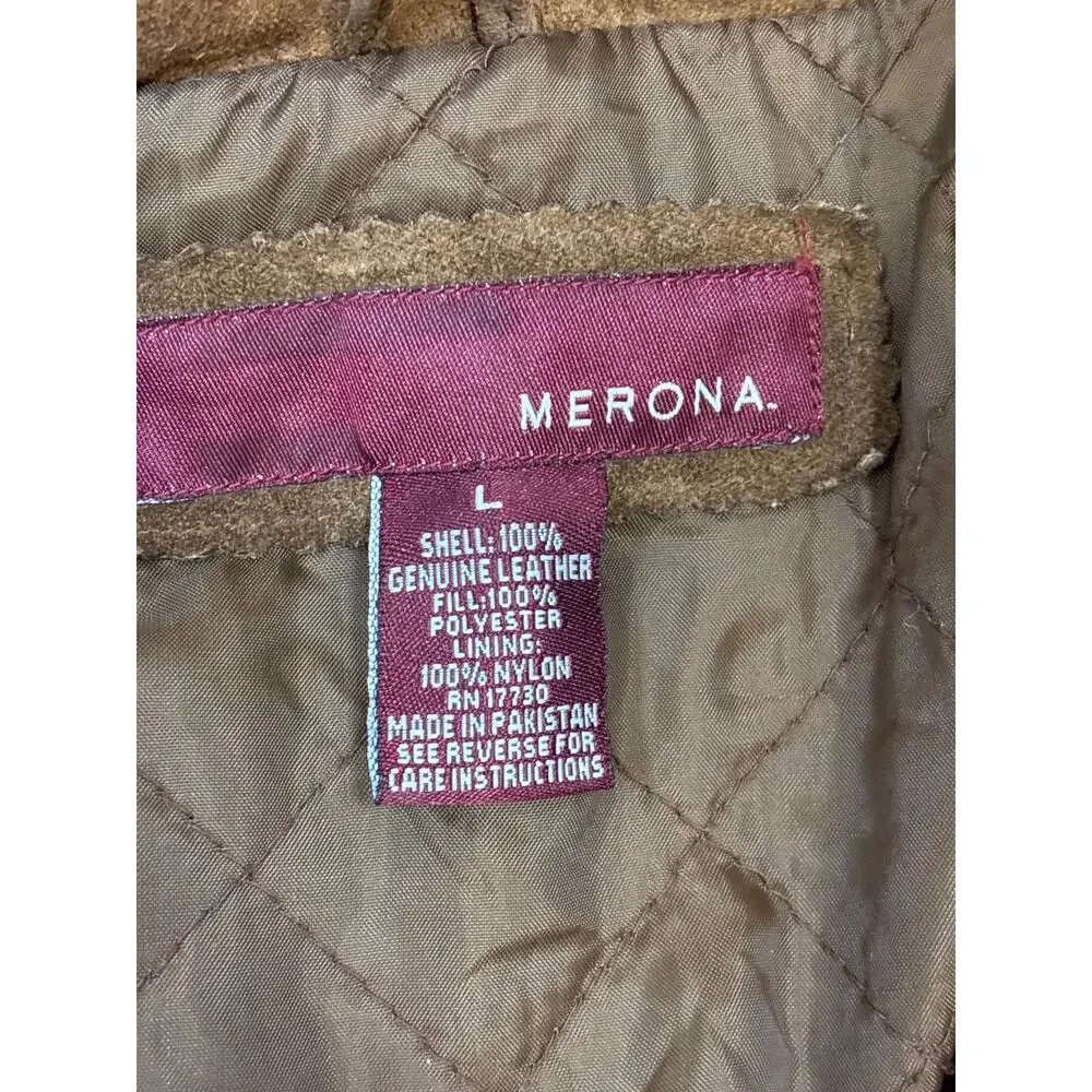 Vtg Merona Suede Brown Leather long lined button up jacket Large 25x35